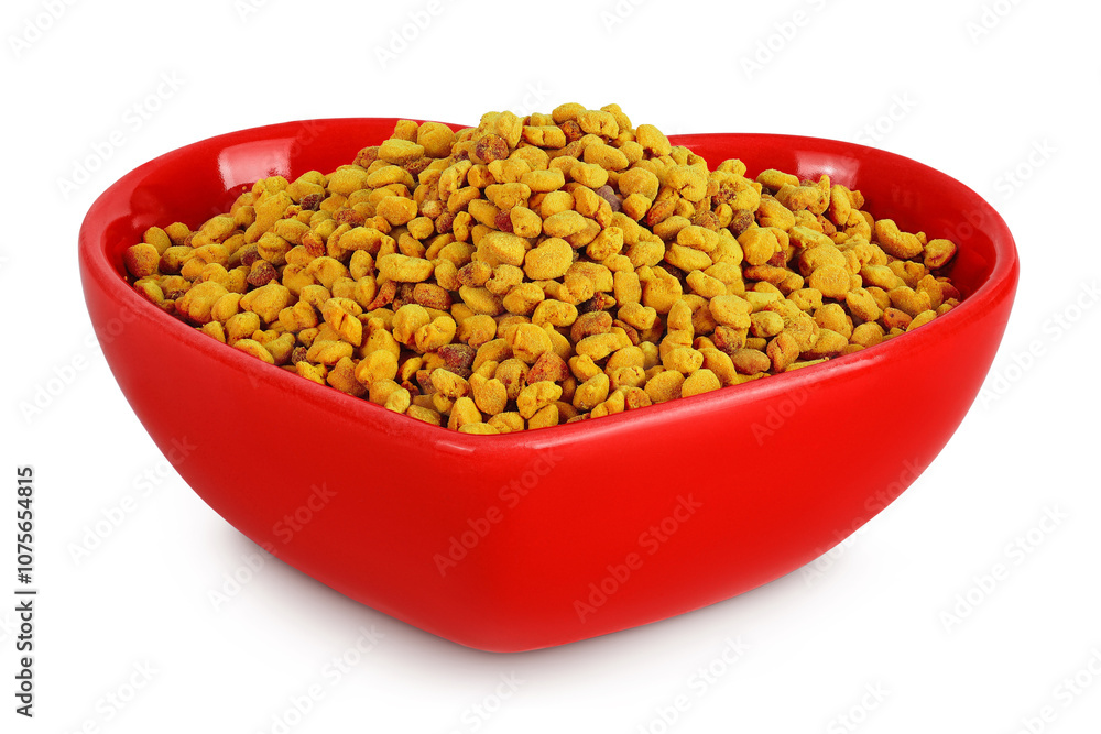 Bee pollen grains in ceramic bowl isolated on white background Bee pollen grains in ceramic bowl isolated on white background