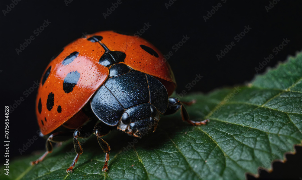 Fototapeta premium A ladybug with black spots rests on a green leaf