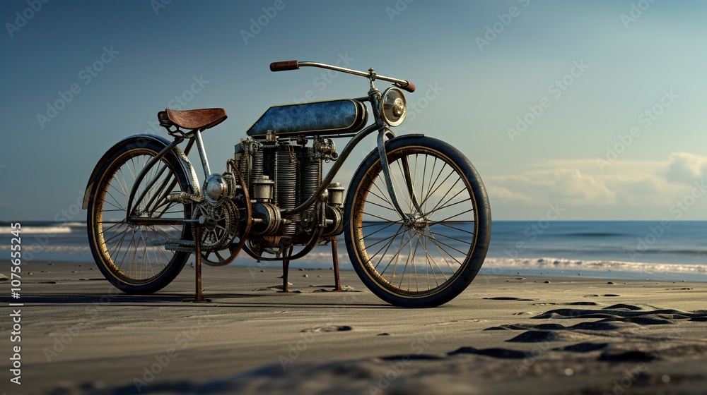 A photo of a racing bicycle and motorcycle on a beach A photo of a racing bicycle and motorcycle on a beach