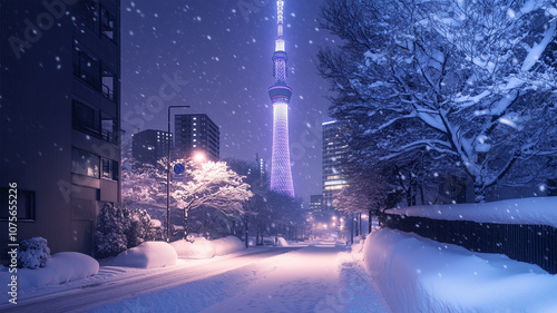冬の夜、雪に包まれた東京スカイツリーの幻想的な風景