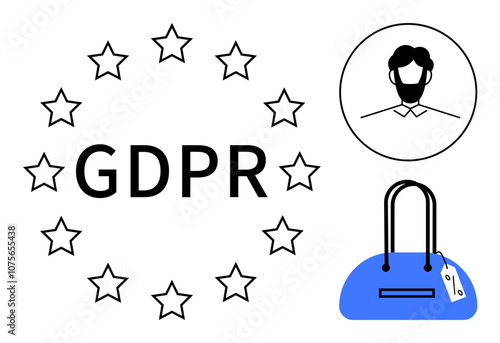 GDPR text encircled by stars, human avatar icon, and blue shopping bag with a price tag. Ideal for data privacy, European Union, personal data protection, consumer rights, ecommerce, cybersecurity