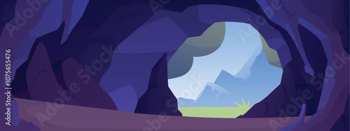 Stone cave entrance vector background, view from cave or mine tunnel landscape on exit hole, nature view outside