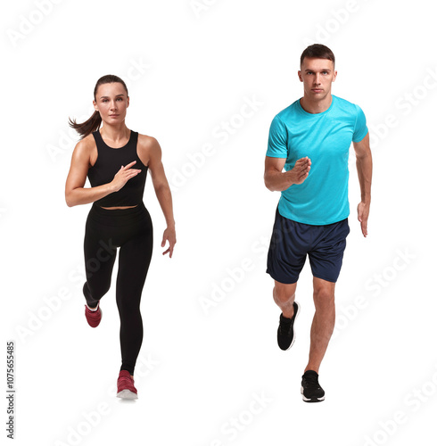 Athletic man and woman in sportswear running on white background