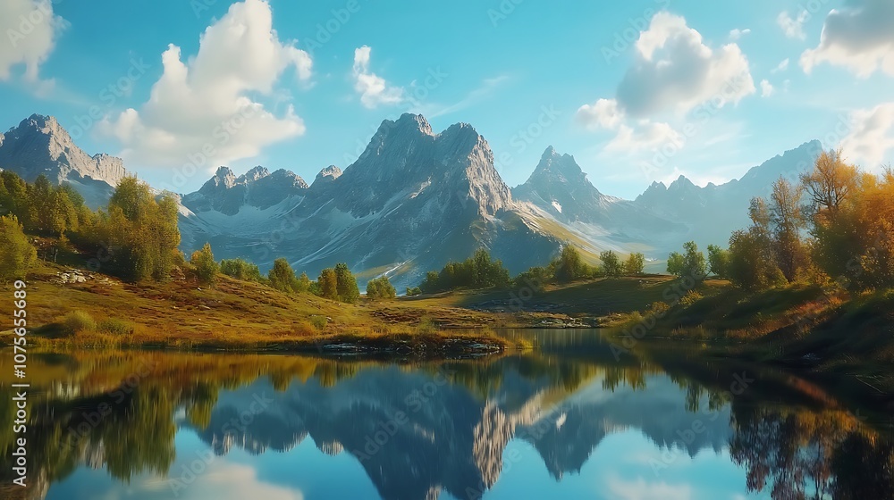 Naklejka premium Peaceful mountain landscape calm lake reflecting blue sky image
