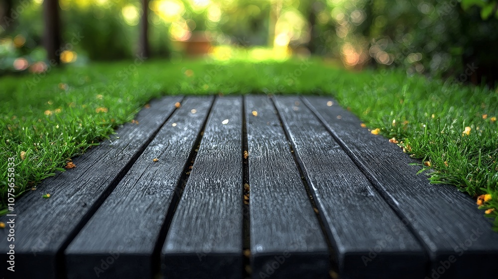 A wooden pathway through lush green grass in a serene garden setting. A wooden pathway through lush green grass in a serene garden setting.