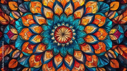 Wallpaper Mural Colorful mandala design featuring intricate patterns in blue, orange, and yellow tones Torontodigital.ca