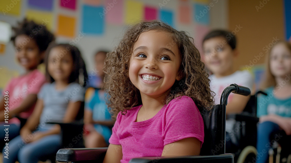 Happy Diverse Children in Classroom with Wheelchair Accessibility Happy Diverse Children in Classroom with Wheelchair Accessibility