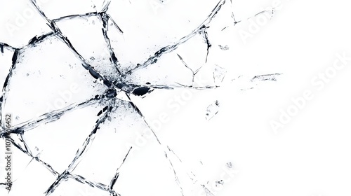 Cracks in the glass. bullet hole in broken glass on a white background. shards of glass.