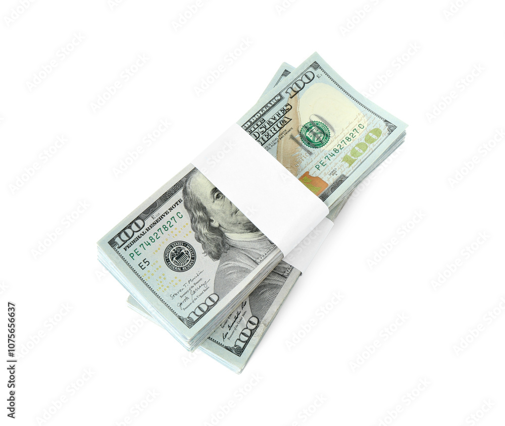 Stack of dollar banknotes isolated on white, top view Stack of dollar banknotes isolated on white, top view