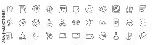 Sun protection, Filter and Time management line icons. Pack of Decreasing graph, Waterproof, Moon icon. Vitamin n, Full rotation, Time change pictogram. Histogram, Idea, Square area. Vector
