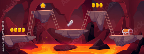 Fantasy cave landscape with blazing magma and rocks platforms with award achievements, vector cartoon game hell tunnel