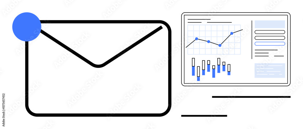 Email envelope with notification icon next to analytics dashboard displaying graphs and charts. Ideal for digital communication, business reports, notifications, data analysis, marketing Email envelope with notification icon next to analytics dashboard displaying graphs and charts. Ideal for digital communication, business reports, notifications, data analysis, marketing