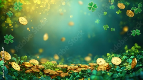 St. Patrick’s Day Background with Shamrocks and Open Space for Text photo