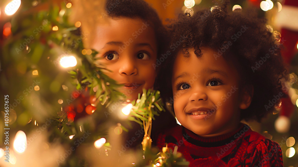Two African American children, a brother and a sister, are sitting together in front of a decorated Christmas tree Two African American children, a brother and a sister, are sitting together in front of a decorated Christmas tree