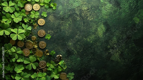 St. Patrick’s Day Background with Shamrocks and Open Space for Text photo