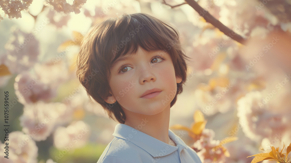 Boy Standing Against the Backdrop of a Sunny Spring Park Boy Standing Against the Backdrop of a Sunny Spring Park