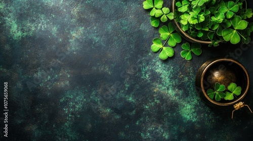 St. Patrick’s Day Background with Shamrocks and Open Space for Text photo