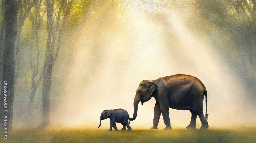 Fototapeta premium A stunning portrait of mother and child elephants strolling through a leafy forest, bathed in warm, golden sunlight