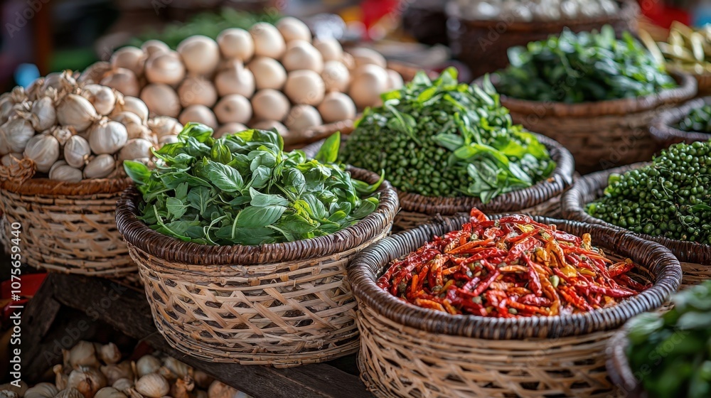 Fototapeta premium Vibrant display of fresh herbs and vegetables at a local market in the afternoon sun