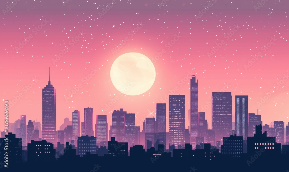 City skyline at sunset with full moon and stars, vibrant colors, urban landscape City skyline at sunset with full moon and stars, vibrant colors, urban landscape