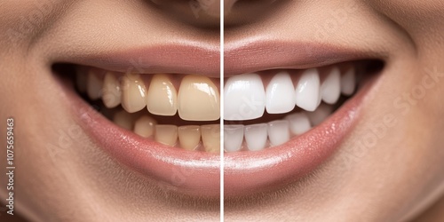 This image showcases a womans radiant smile before and after teeth whitening, highlighting a remarkable improvement in the color and brightness of her teeth, making the transformation impressive