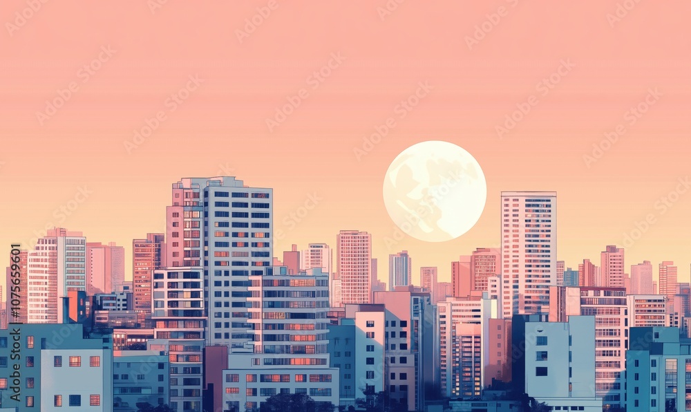 Fototapeta premium City skyline at sunset with large moon, modern buildings, pastel colors