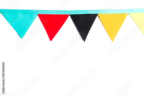 Colorful paper bunting flags on white background with copy space. Perfect for parties and celebrations