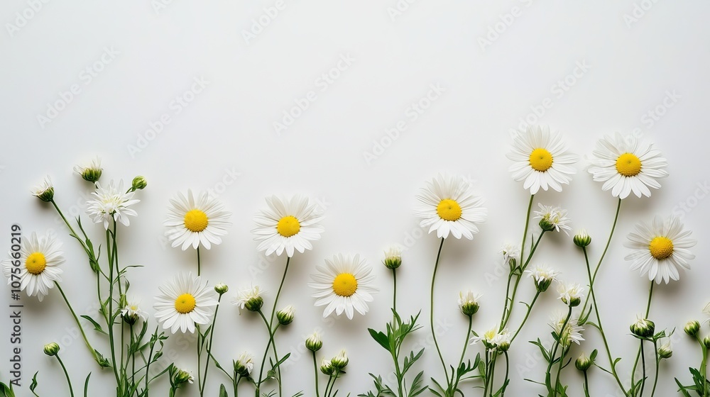 daisy flowers on white background at the bottom of the picture with space for text, detailed photography daisy flowers on white background at the bottom of the picture with space for text, detailed photography