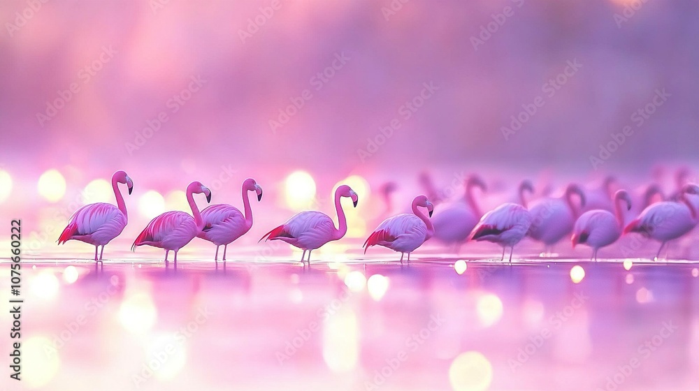 Fototapeta premium Pink flamingos huddled together on water; flamingos in background