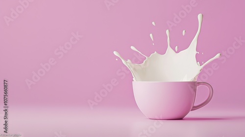  A pink coffee cup with milk on a pink surface against a pink background