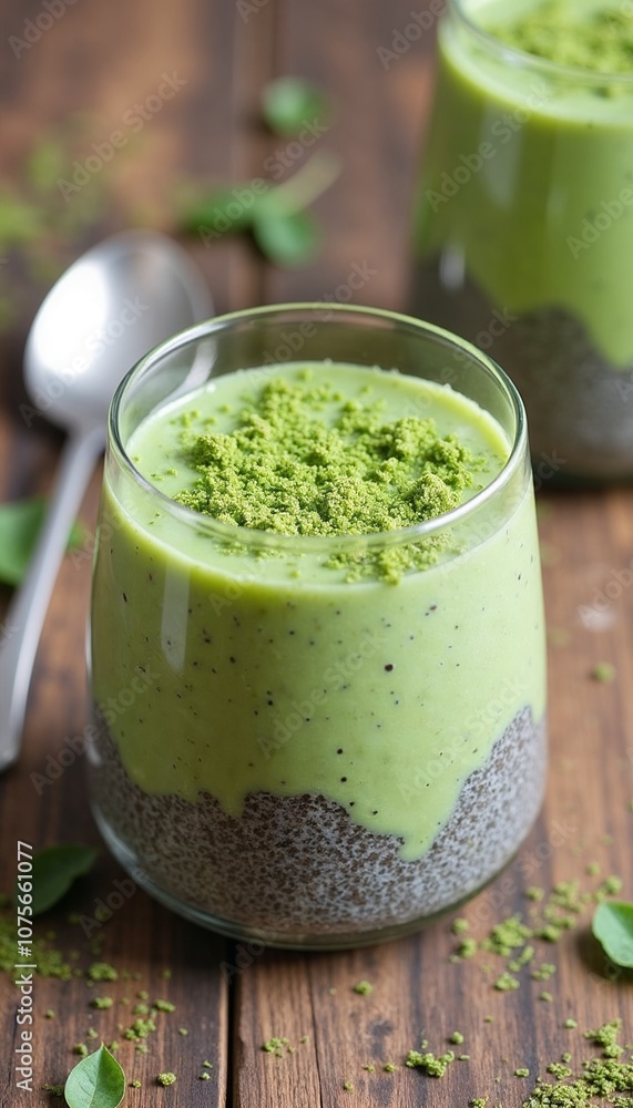 Matcha chia pudding served in glass with fresh matcha powder and spoon on wooden table Matcha chia pudding served in glass with fresh matcha powder and spoon on wooden table
