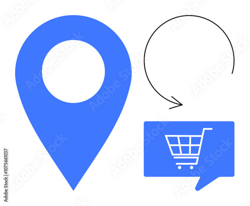 Location pin, refresh icon, and shopping cart in speech bubble. Ideal for e-commerce, online shopping, navigation, shipping, delivery services, updates, and customer support. Line metaphor