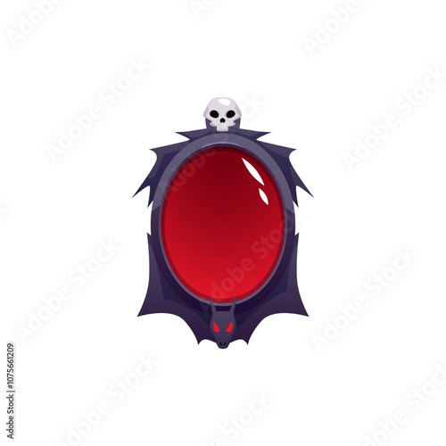 Hand mirror with black frame decorated bat and skull, vector antique fortunetelling magic red glass fairytale game props