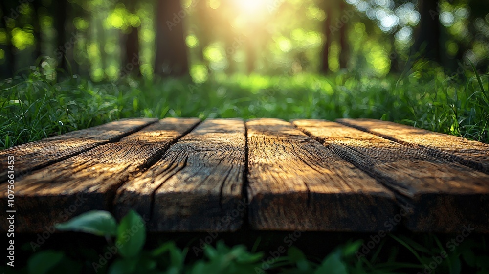A wooden platform in a sunlit forest setting, surrounded by lush greenery. A wooden platform in a sunlit forest setting, surrounded by lush greenery.