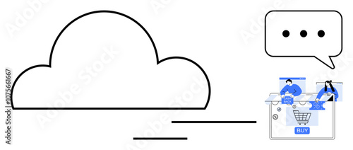 Large cloud icon and message bubble above online shopping scene with customers. Ideal for e-commerce, cloud computing, digital marketing, online communication, customer support, web services, IT