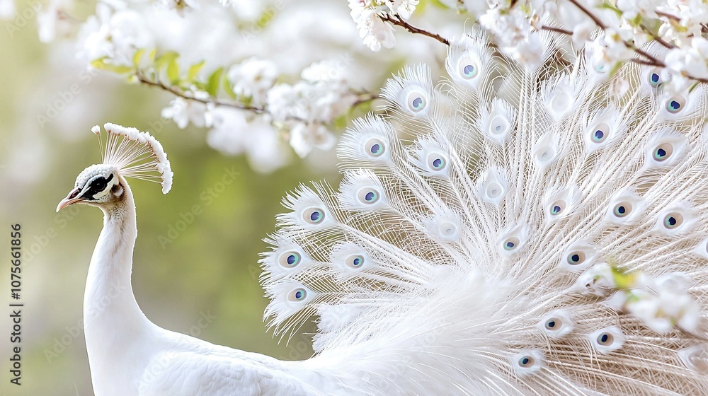 Obraz premium A peacock with blue-white feathers on its legs stands beside a blue tree