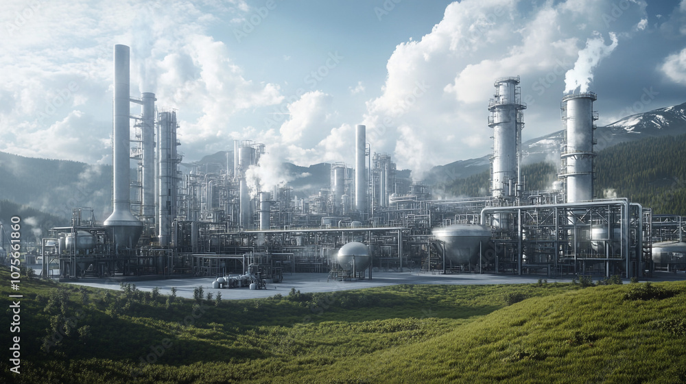 Industrial Complex in Mountain Landscape with Smoke and Clouds Industrial Complex in Mountain Landscape with Smoke and Clouds