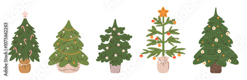 Set of Christmas trees. Vector holiday illustration with firs with ornament in pot, Xmas spruce with festive decoration, tree decorated with garlands. Flat vector illustrations isolated on white 