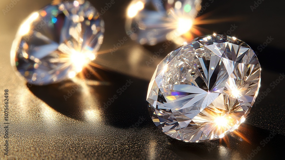 Three sparkling diamonds on a black surface. Three sparkling diamonds on a black surface.