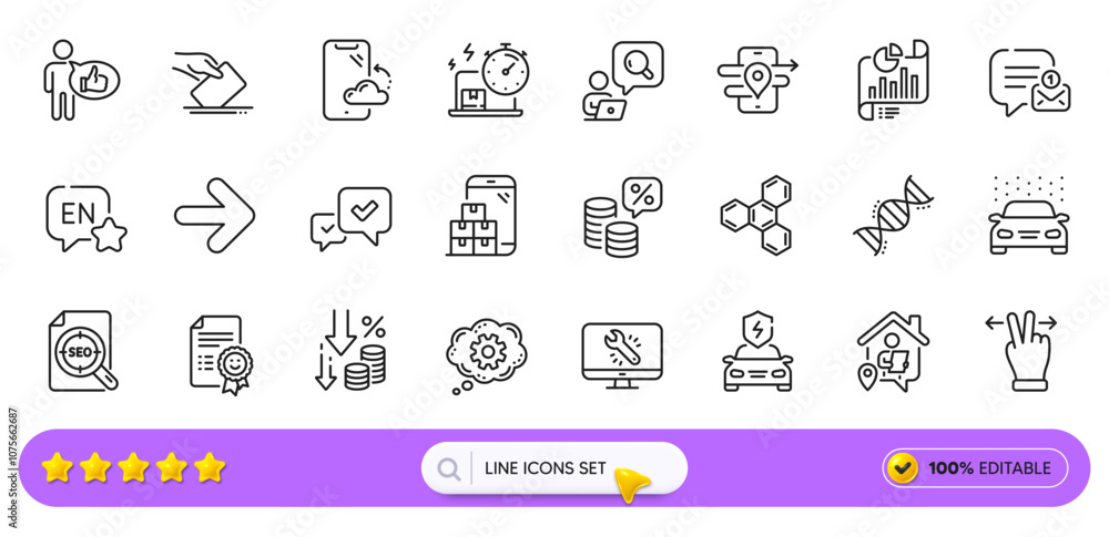 English, Approve and Gps line icons for web app. Pack of Like, Deflation, Next pictogram icons. Chemistry dna, New message, Delivery online signs. Cogwheel, Car wash, Work home. Search bar. Vector English, Approve and Gps line icons for web app. Pack of Like, Deflation, Next pictogram icons. Chemistry dna, New message, Delivery online signs. Cogwheel, Car wash, Work home. Search bar. Vector