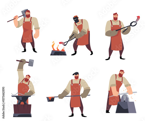 An illustrated collection depicting a master with an anvil, hammer and fire