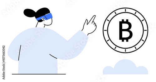 Individual wearing VR headset pointing towards Bitcoin symbol in a minimalistic design. Ideal for technology, cryptocurrency, virtual reality, financial education, investment, digital payments