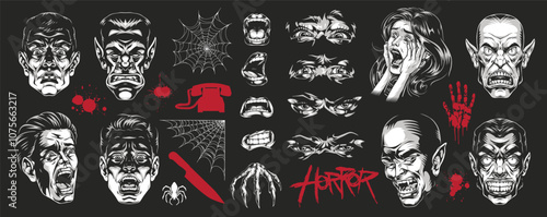 Horror art with scary faces and symbols