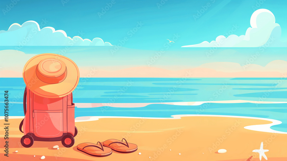 Naklejka premium Travel bag on wheels, sun hat and beach slippers on the beach. Summer, beach, sea and tourism. Vacation on the sunny coast. Illustration of beach holiday. Tourist bag
