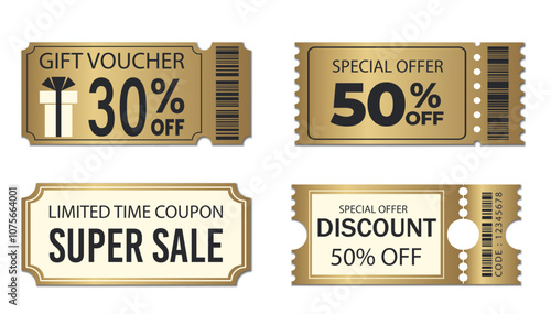 Gold Coupon promotion vector set. Ticket, Voucher, Discount Sale Coupon. Gift voucher 30 50 off price. Percentage Tag label. Discount online purchases. Golden ticket isolated on transparent background