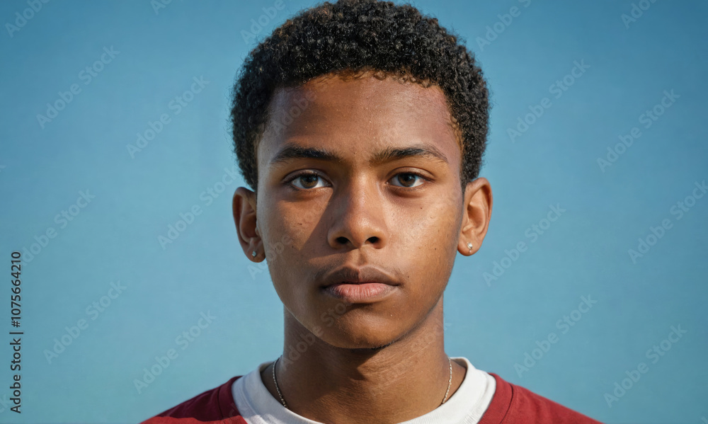 Obraz premium A young man with short, curly hair stares directly at the camera against a blue backdrop