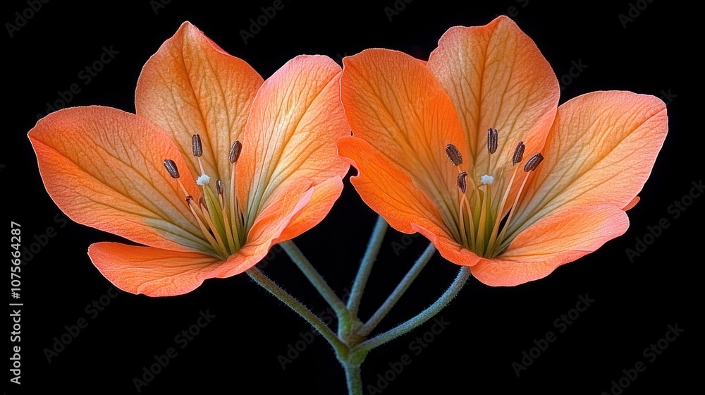Fototapeta premium Two orange lilies with green stems on a black background.