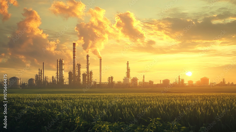 Industrial Sunset with Smoke Plumes Over Field