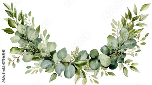 This stunning watercolor eucalyptus wreath features vibrant green foliage, ideal for wedding invitations and floral decor, adding a charming touch to any celebration or special event