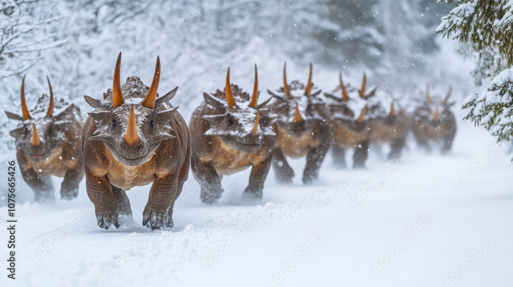 A majestic herd of triceratops walks through a snowy landscape. Their powerful presence captivates in this serene winter scene. A blend of prehistoric and winter beauty. Generative AI A majestic herd of triceratops walks through a snowy landscape. Their powerful presence captivates in this serene winter scene. A blend of prehistoric and winter beauty. Generative AI